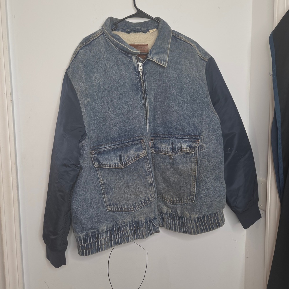 Levis Premium Mens XL Mixed Media Denim Bomber Jacket‎ Sherpa Lined Blue Navy